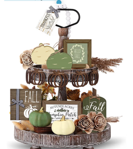 lot 3244 image: 18 Pcs Fall Thanksgiving Tiered Tray Decor Set Pumpkin Buffalo Plaid Wood Sign Hello Fall Rustic Farmhouse Neutral Tray Decoration Tabletop Sign for Autumn Home Kitchen Festival(Sage Green) - Retail $0