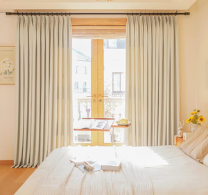 lot 3249 image: HUTO Pinch Pleat Beige Curtains Solid Thermal Insulated 96 Inches Long for Living Room Patio Door Room Darkening Curtain Panel Drape for Traverse Rod and Track, Beige 52 W x 96 L (One Panel) - Retail $0