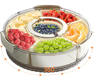 lot 3254 image: Divided Serving Tray with Lid and Handle, Stackable Snackle Box Container for Fruits Candy Organizer, Portable Spinning Rounded Veggie Tray for Kitchen, Party, Trave and Picnic-1 PACK - Retail $0