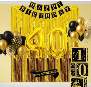 lot 3262 image: 40th Birthday Decorations for Men Women, 50pcs Black and Gold Party Decorations with 40 Year Old Balloons Boxes, Happy Birthday Black Gold Banner and Sash, Fringe Curtains Party Decor - Retail $0