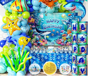 lot 3275 image: Premium Under the Sea Party Decorations �� Ocean Themed Baby Shark Birthday Supplies with Balloon Arch Kit, Backdrop, Sea Creatures, Cake Toppers & Tablecloth �� Underwater Party Decor for Kids - Retail $0