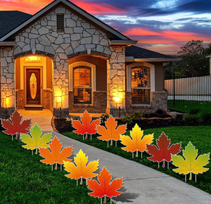 lot 3276 image: 10 Pcs Maple Leaf Yard Decorations Outdoor with Stakes Yard Signs with LED Lights Lawn Garden Decorations for Holiday Party Harvest Path - Retail $0