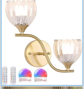 lot 3278 image: Shenmoyl Battery Operated Wall Sconce, 2-Lights Vinatge Brass Wall Lighting with Clear Tluip Shade Rechargeable Bulb with Remote for Living Room, Bedroom - Retail $0
