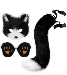 lot 3294 image: Adolala Faux Fur Fox Tail Cat Wolf Set Plush Mask Fluffy Paw Gloves Halloween Christmas Party for Women - Retail $0