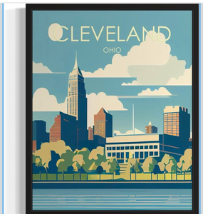 lot 3295 image: Cleveland Ohio Poster Art Print, Retro City Mountain and Lake Landscape Artwork, Wall Art Vintage Decor Picture For Bedroom Office Home Decor 64 (Cleveland Ohio, 8 x 10 inches, Unframed) - Retail $8