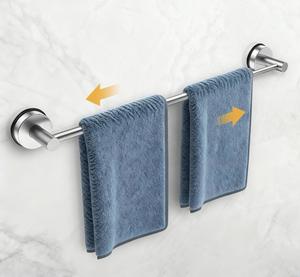 lot 3298 image: 14.6inch24inch Towel Racks for Bathroom,Adjustable Suction Cup Towel Bar for Bathroom Wall,Stainless Steel Bath Towel Holder for Shower(Brushed Silver) - Retail $0