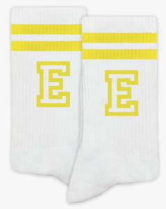 lot 3306 image: Striped Initial Socks with the Letter in Yellow, Socks for Adult, Teens, Men&Women, Gifts for Friends, Family, etc. - Retail $0
