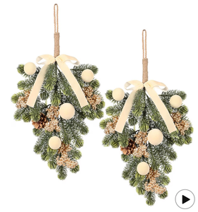 lot 3316 image: Super Holiday Christmas Decorations, 2PCS Artificial Green Plant Front Door Wreaths Hanging Decoration with Velvet BowBallBerry, for Winter Home Indoor Outdoor Wall Holiday Decor. (Beige) - Retail $0