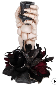lot 3326 image: Halloween Candle Holder, Resin Skeleton Hand Candlestick with Black Faux Flower, Halloween Decor for Home Table, 7 Height - Retail $0