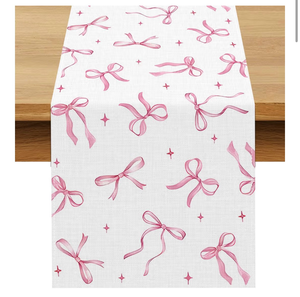 lot 3331 image: Pink Bow Party Table Runner Valentines Day Coquette Girls Birthday Party Decoration Tea Wedding Baby Shower Dining Room Home Kitchen Table Decor (Pink, 13 x 72) - Retail $0
