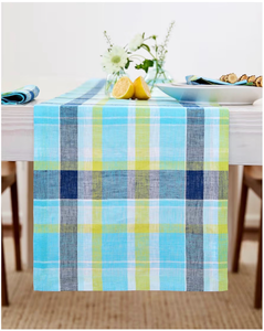 lot 3334 image: 2pack Solino Home Blue Linen Table Runner 60 Inch - 100% Pure Linen Summer Madras Plaid Table Runner 14 x 60 Inch - Handcrafted and Machine Washable - Retail $0