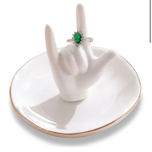 lot 3349 image: PUDDING CABIN Ring Holder - I Love You Hand, Ceramic Jewelry Dish, Valentines Day, Wedding, Birthday, Mothers Day Gifts for Women - Retail $0