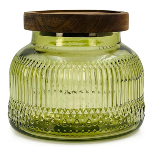 lot 3352 image: Decorative Green Glass Jar with Airtight Wooden Lid 25.4 oz, Wide Mouth Vintage Kitchen Food Storage Container for Cookie Candy Honey Flour Spice Coffee Tea, Home Decor Sand Candle Holder Vase - Retail $0