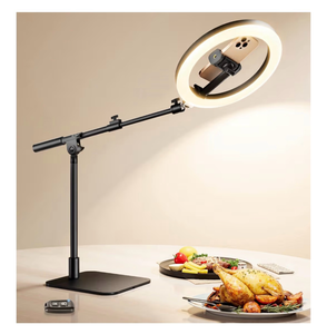 lot 3353 image: Ring Light with Stand for Desk,Adjustable Overhead Phone Mount with 10 Ring Light Tripod for iPhone,Phone Tripod with Light and Remote Phones Holder for Video Recording,Live Stream,Cooking Video - Retail $0