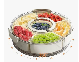 lot 3358 image: Rotating Serving Tray with Lid, 8-Section Divided Container, Portable Snack Organizer for Fruits, Candy, Nuts, Vegetables, Party Platter - Retail $0