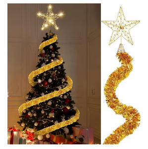 lot 3363 image: Gejoy 2 Pcs 12 Inch Large Christmas Star Tree Topper with 33 ft Christmas Tinsel Garland Big LED Lighted Glittered Star Metallic Garlands for Xmas Tree Decorations Holiday Party Supplies(Gold) - Retail $0