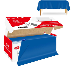 lot 3378 image: 54 Inch x 200 Feet Blue Plastic Tablecloth Roll Cut to Size Disposable Table Cover with Cutter Box Plastic Table Cloth for Party, Wedding, Birthday - Retail $0
