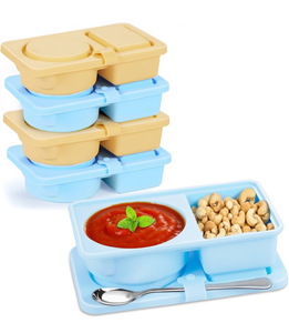 lot 3379 image: ARTLEO 4 Pack Silicone Snack Containers with Lids, Reusable and Leekproof, 2 Compartment, Sauce Dip Snackle Box Container, to Grab and Go with Prep For Kids, Bpa Free - Retail $0