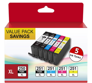 lot 3383 image: PGI-250XL CLI-251XL Compatible for Canon 250 and 251 Ink Cartridges Work with Canon PIXMA MX922 MX920 IX6820 MG5520 MG7520 IP8720 MG6620 (PGBK Black Cyan Magenta Yellow, 5XL Pack) - Retail $0