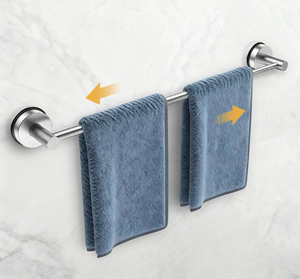 lot 3385 image: 14.6inch24inch Towel Racks for Bathroom,Adjustable Suction Cup Towel Bar for Bathroom Wall,Stainless Steel Bath Towel Holder for Shower(Brushed Silver) - Retail $0