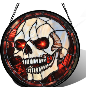 lot 3399 image: Stained Glass Window Hanging - Halloween Decorations White Skeleton Suncatcher for Doors Garden Indoor Spooky Funny Red Sun Catchers Gothic Decor Horror Gifts for Women Men Friend 6.3 in - Retail $0