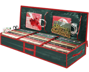 lot 3407 image: hristmas Gift Wrapping Paper Organizer Storage Bags,Plastic Container for Holiday Supplies & Accessories, Gift Bag Organizer, Under Bed Wrapping Paper Storage (Green) - Retail $0