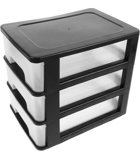 lot 3417 image: Mini Drawer Organizer Desktop Storage Box with 3 Plastic Drawers Black Frame Sundry Organizer for Office, Makeup, and Vanity Storage - Retail $0