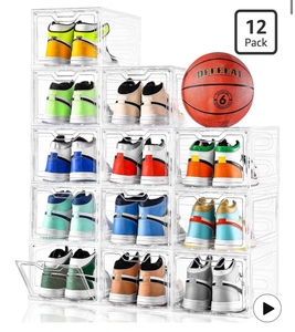 lot 3426 image: 12 Pack Thicken & Sturdy Clear Shoe Storage Organizer with Magnetic Door, Shoe Boxes Clear Plastic Stackable for Closet, Shoe Rack for Sneaker Boot Container, Shoe Cabinet Fit up to US Size 12 - Retail $0