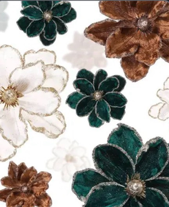 lot 3428 image: Outus 18 Pcs 10 Large Glitter Christmas Flower Velvet Fold Christmas Tree Flower Artificial Magnolia Flowers with Stem Xmas Tree Wreath Ornaments for Xmas Wedding Party Decoration(Green Brown White) - Retail $0