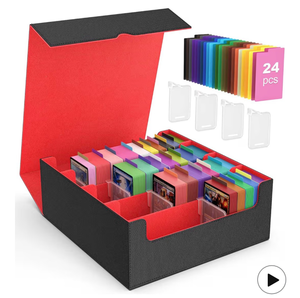 lot 3430 image: MoKo Trading Card Storage Box, 3000 MTG Deck Box with 24 Colorful Dividers & 4 Card Supporters, Commander Card Deck Case Fits for Magic Game Cards, YugiOh, TCG, PTG and Sport Cards, Black Red - Retail $0