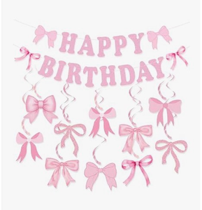lot 3439 image: Pink Bow Happy Birthday Banner, Coquette Birthday Decorations with Hanging Swirls Pink Bow Garland Banner Girls Baby Shower Decorations for Girls Baby Shower Party Decor - Retail $0