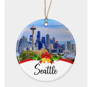 lot 3440 image: Seattle City Travel Souvenirs Christmas Ornament Ceramic- New City Gift- Move to Seattle City in Washington Gifts- Ornament for Friends- Seattle City Lovers Printed on Both Sides - Retail $0
