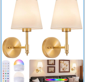 lot 3459 image: Battery Operated Wall Sconce Set of 2, Rechargeable Wireless Wall Lights with fabric Lampshade, 5200mAh Dimmable Bulbs with Remote,15 Colors Wireless Wall Lamps for Bedroom Living Room Hallway Decor - Retail $0