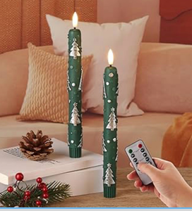 lot 3461 image: Eywamage Green Christmas Tree Flameless Taper Candles with Remote, Flickering LED Wax Candlesticks Set of 2 - Retail $0