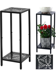 lot 3463 image: Party Zealot 2-Tier Tall Metal Square Plant Stand 31 Heavy-Duty Modern Flower Pot Rack for Indoor Living Room, Corner Side Table for Outdoor Patio, Garden, and Balcony Black, Leaf - Retail $0