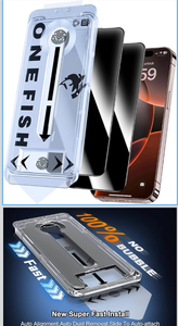 lot 3468 image: OneFish Privacy Screen Protector for iPhone 16 Plus (6.7 inch), Airbag Edge Protection, Anti Spy Private Tempered Glass Film with Installation Frame,9H Glass Scratch Resistant,Easy Installation,2Pack - Retail $0