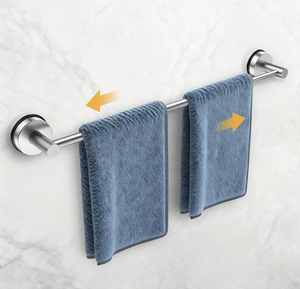 lot 3481 image: 14.6inch24inch Towel Racks for Bathroom,Adjustable Suction Cup Towel Bar for Bathroom Wall,Stainless Steel Bath Towel Holder for Shower(Brushed Silver) - Retail $0