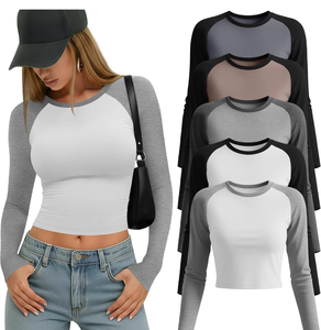 lot 3493 image: 5 Pack Womens Long Raglan Sleeve Crop Tops Color Block Baseball Shirt Y2k Tee Tops - Retail $0