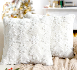 lot 3496 image: Touchat Christmas Pillow Covers 18x18, Soft Faux Rabbit Fur Throw Pillow Covers with 3D Embroidery Christmas Tree and Snowflake Design for Winter Holiday Home Decor, Couch Sofa Bedroom, White - Retail $0