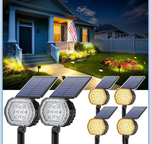 lot 3498 image: Solar Spot Lights Outdoor Waterproof IP65, 3 Modes Solar Lights Outdoor 35 LED Landscape Lighting, Spot Uplights for Garden Patio Yard Walkway Driveway House Backyard, 6 Pack Warm White(3000K) - Retail $0