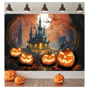 lot 3506 image: Halloween Banner Decoration, Forest Halloween Party Decoration, Large Fabric Photo Booth Background, Pumpkin Castle Moon Backdrop Banner for Spooky Wall Yard Indoor Outdoor Decor - Retail $0
