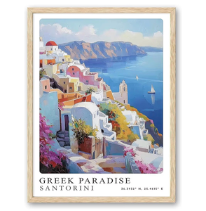 lot 3514 image: Natural Oak Frame Wall Art, 8X10 inch Greek City Tourist Landscape Poster Canvas Wall Printing, Classic City Landmark Wall Decoration, Suitable Bedroom for Living Room - Retail $0