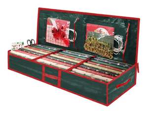 lot 3528 image: Christmas Gift Wrapping Paper Organizer Storage Bags,Plastic Container for Holiday Supplies & Accessories, Gift Bag Organizer, Under Bed Wrapping Paper Storage (Green) - Retail $0