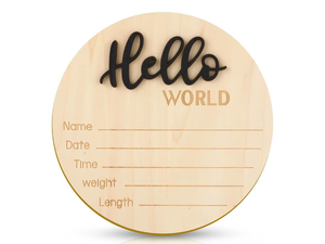 lot 3529 image: Baby Announcement Sign, 5.9 Inch Wooden Hello World Newborn Welcome Sign Birth Baby Name Plaques for Photo Props Baby Shower Hospital Nursery(Black) - Retail $0