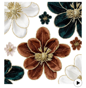 lot 3535 image: Outus 18 Pcs 10 Large Glitter Christmas Flower Velvet Fold Christmas Tree Flower Artificial Magnolia Flowers with Stem Xmas Tree Wreath Ornaments for Xmas Wedding Party Decoration(Green Brown White) - Retail $0