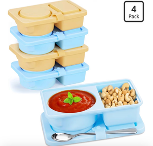 lot 3544 image: ARTLEO 4 Pack Silicone Snack Containers with Lids, Reusable and Leekproof, 2 Compartment, Sauce Dip Snackle Box Container, to Grab and Go with Prep For Kids, Bpa Free - Retail $0