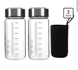 lot 3547 image: SIEROZUR Glass Juice Bottles 12 oz-2 Pack Leak Proof Wide Mouth Water Bottle with Stainless Steel Lid & Sleeve - for Juicing, Smoothies, Infused Water, Beverage Storage, Eco-Friendly Borosilicate - Retail $0