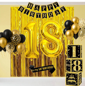 lot 3551 image: 18th Birthday Decorations for Men Women, 50pcs Black and Gold Party Decorations with 18 Year Old Balloons Boxes, Happy Birthday Black Gold Banner and Sash, Fringe Curtains Party Decor - Retail $0