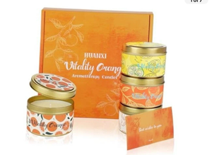 lot 3585 image: HUANXI Orange Scented Candles Gift Set, 32oz Travel Tin Jar Candles for Home, 4 Pack Soy Wax Aromatherapy Candle Set, for Christmas, Birthday, Thanksgiving, Mothers Day with Gift Box - Retail $0