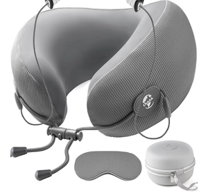 lot 3589 image: Travel Pillow for Airplanes, Neck Pillow eases Neck and Shoulder Pain on Long Flights, Adaptive Memory Foam Sleep Support, Portable Carry Case, Eye Mask and Earplugs Travel Set(Grey I) - Retail $0